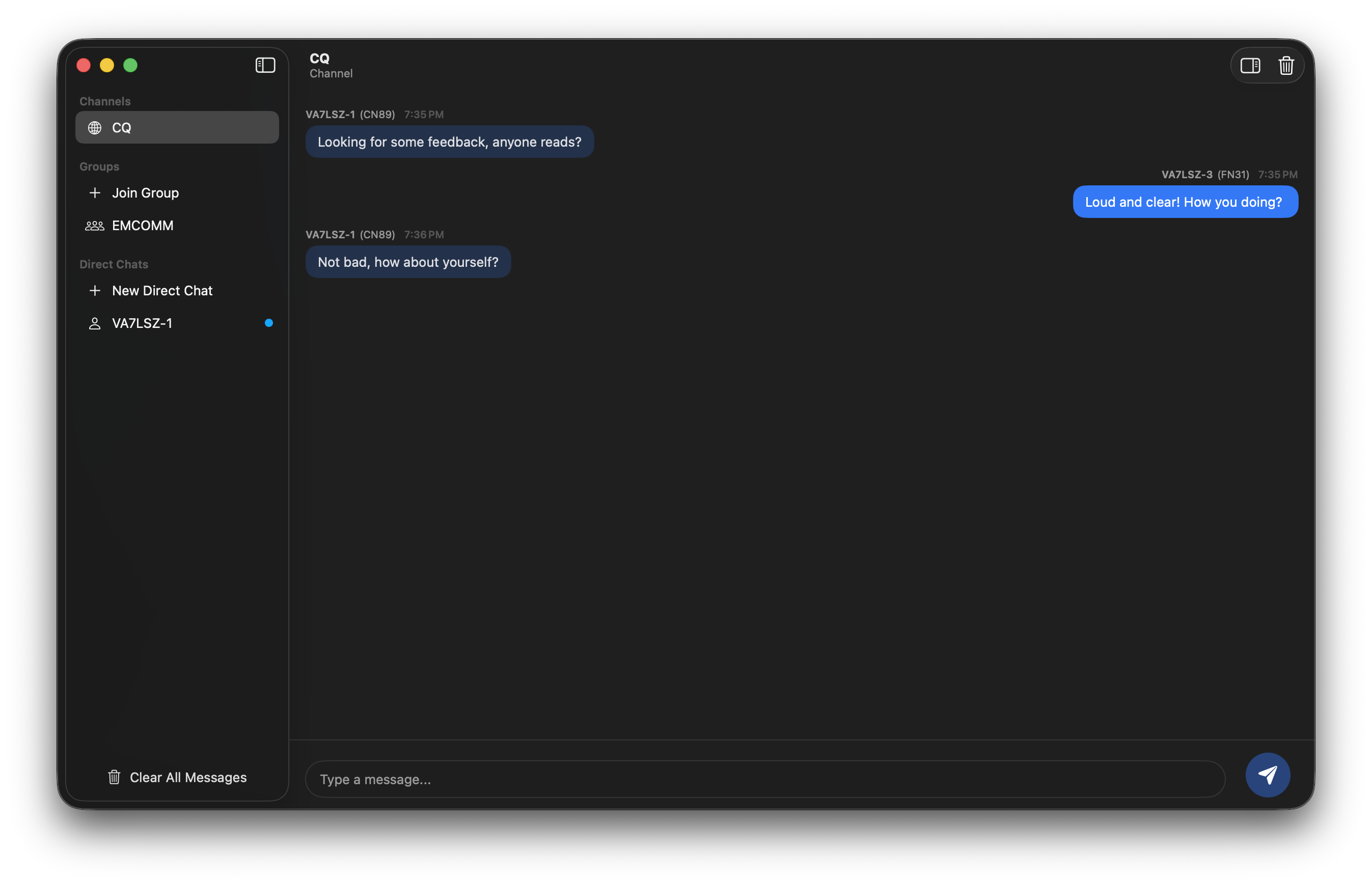 PacketMessage macOS CQ broadcast chat
